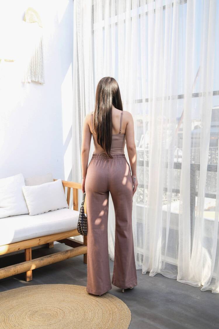 Linen Pants With Elastic Waist And Lace