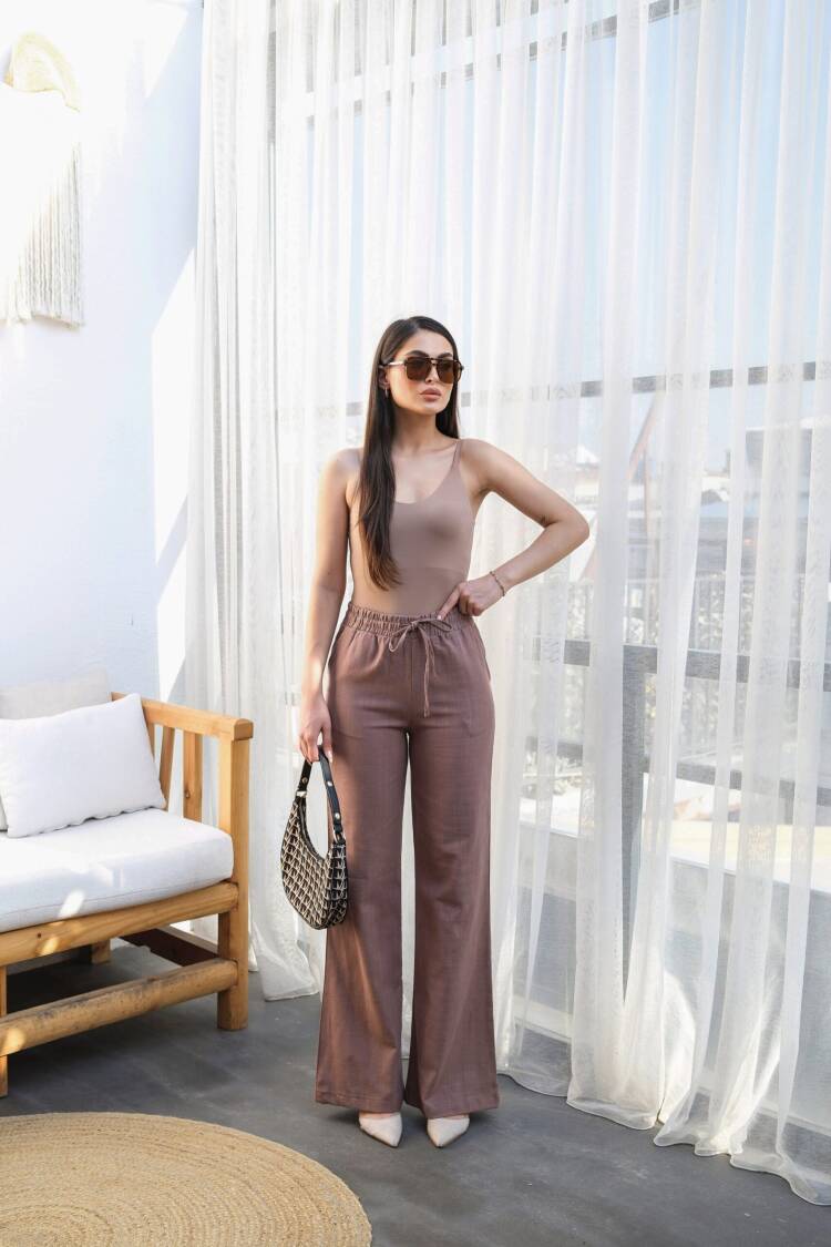 Linen Pants With Elastic Waist And Lace - Ouz Fashion - Globality Store - Women Clothes Wholesale Turkey