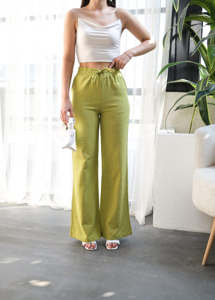 Linen Pants With Elastic Waist And Lace