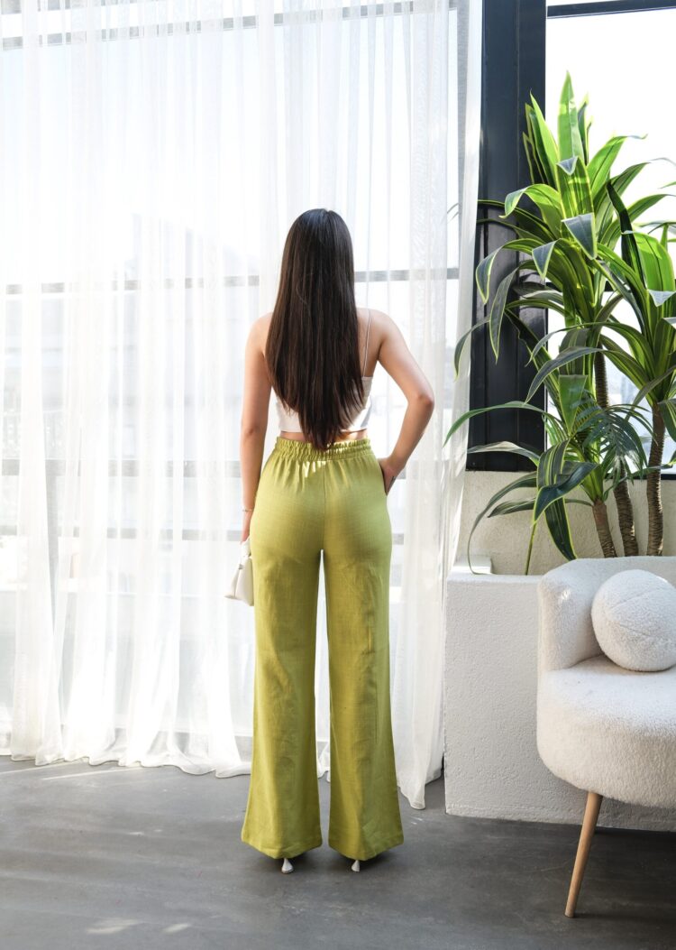 Linen Pants With Elastic Waist And Lace