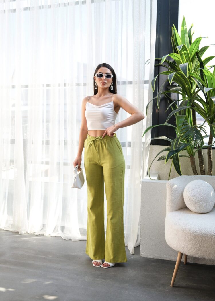 Linen Pants With Elastic Waist And Lace - Ouz Fashion - Globality Store - Women Clothes Wholesale Turkey