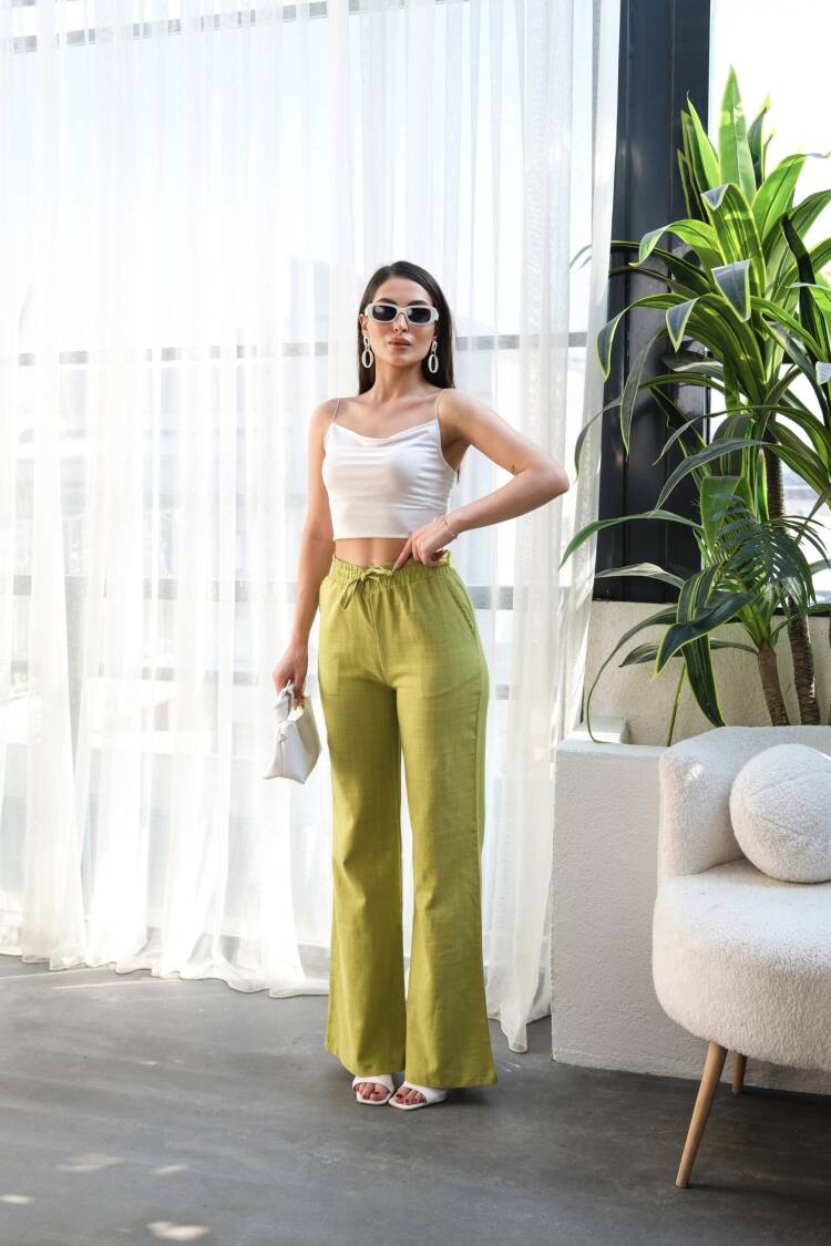 Linen Pants With Elastic Waist And Lace - Ouz Fashion - Globality Store - Women Clothes Wholesale Turkey