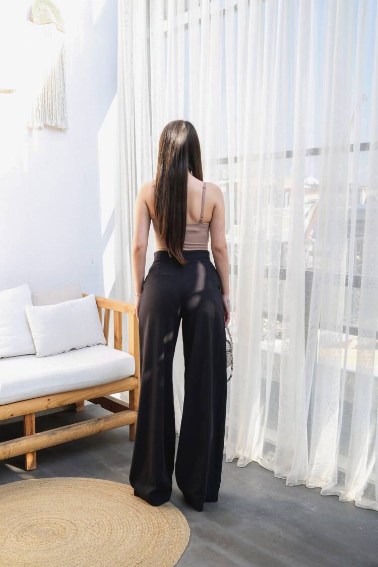 Linen Button Detailed Draped Palazzo Pants