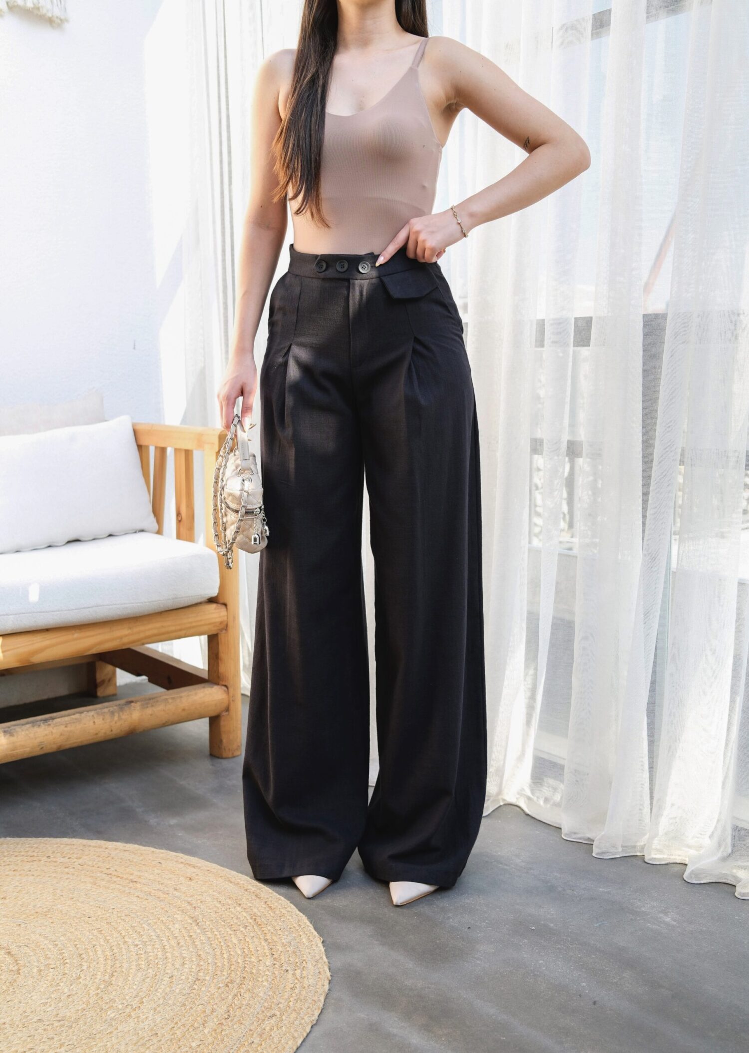 Linen Button Detailed Draped Palazzo Pants - Ouz Fashion - Globality Store - Women Clothes Wholesale Turkey
