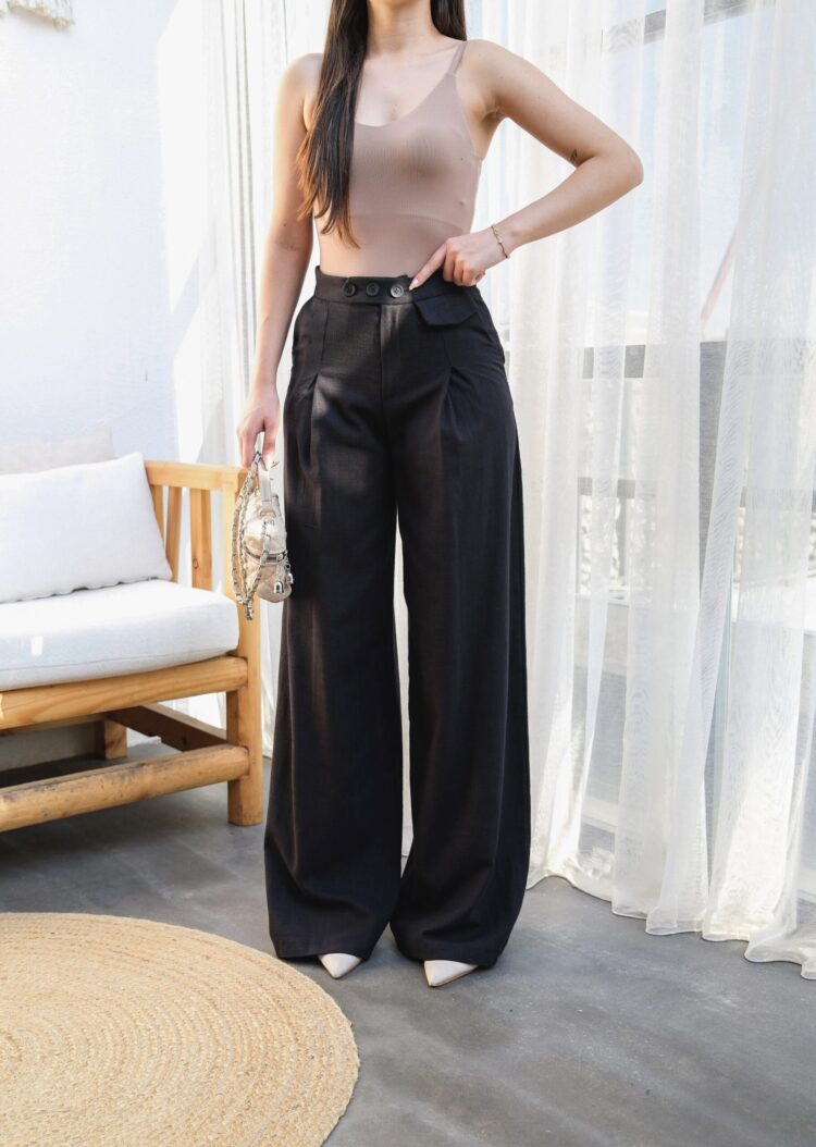 Linen Button Detailed Draped Palazzo Pants