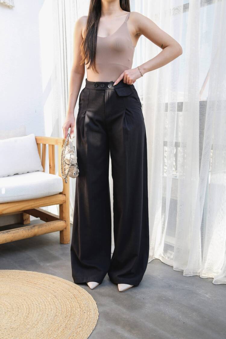 Linen Button Detailed Draped Palazzo Pants