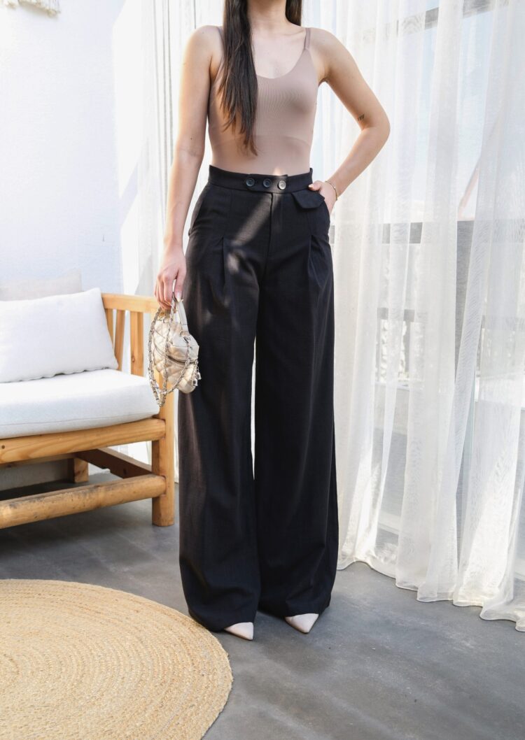 Linen Button Detailed Draped Palazzo Pants