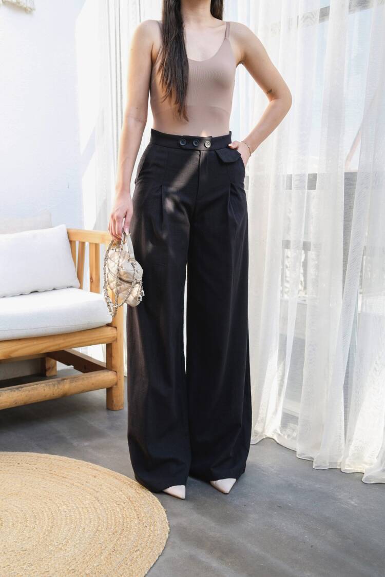 Linen Button Detailed Draped Palazzo Pants