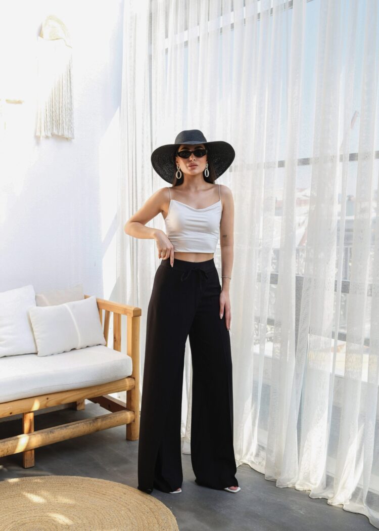 Wide Leg Pants With Linen Front Cross Section Elastic And Lace-up