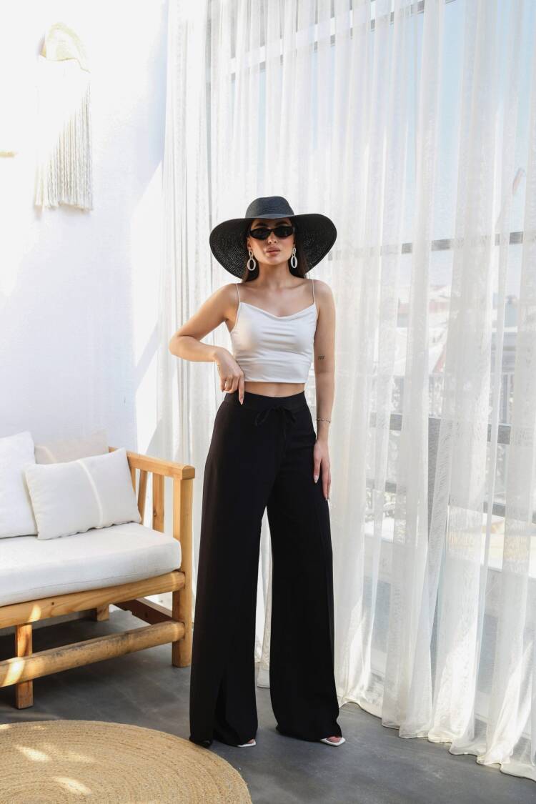 Wide Leg Pants With Linen Front Cross Section Elastic And Lace-up