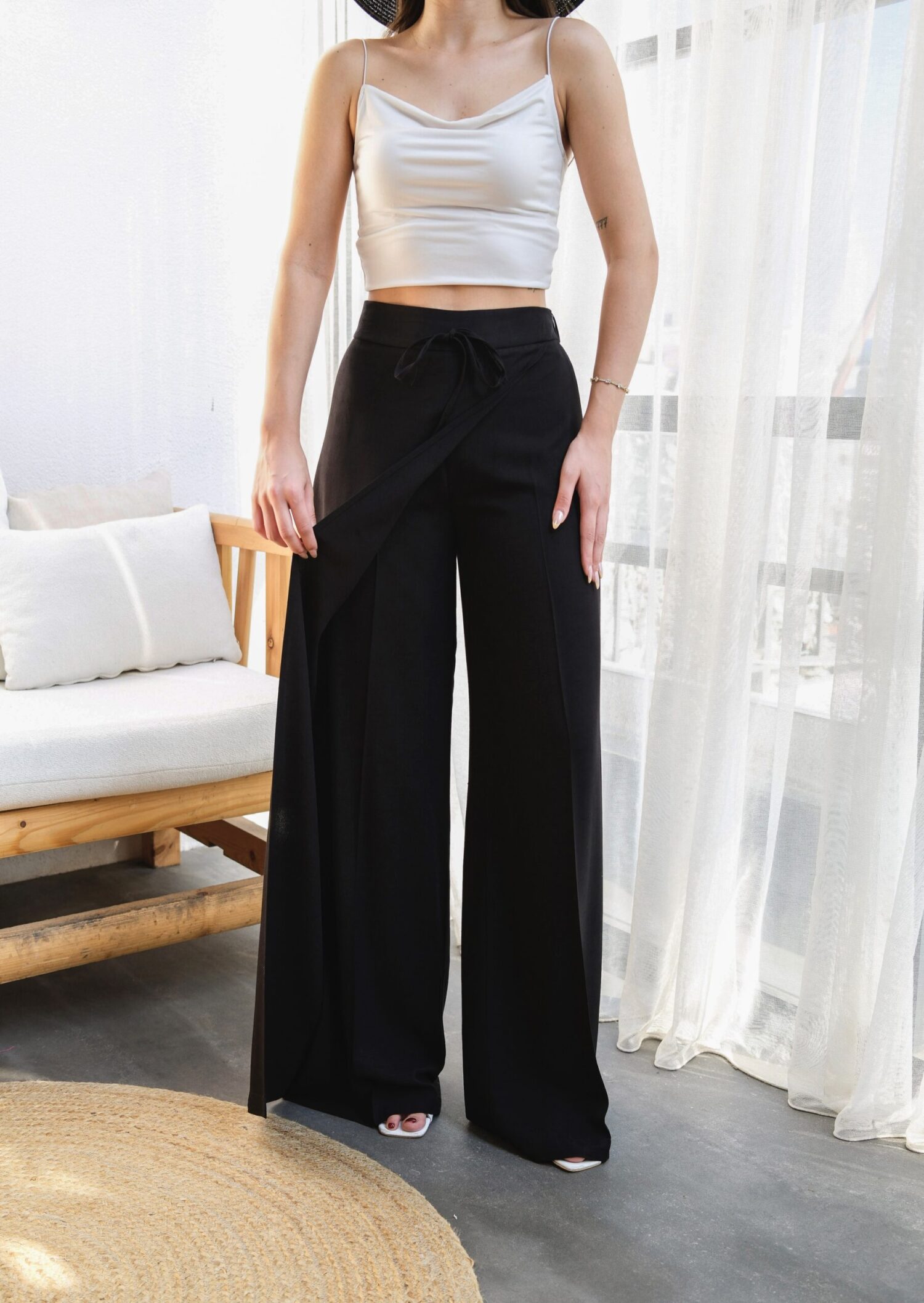 Wide Leg Pants With Linen Front Cross Section Elastic And Lace-up - Ouz Fashion - Globality Store - Women Clothes Wholesale Turkey