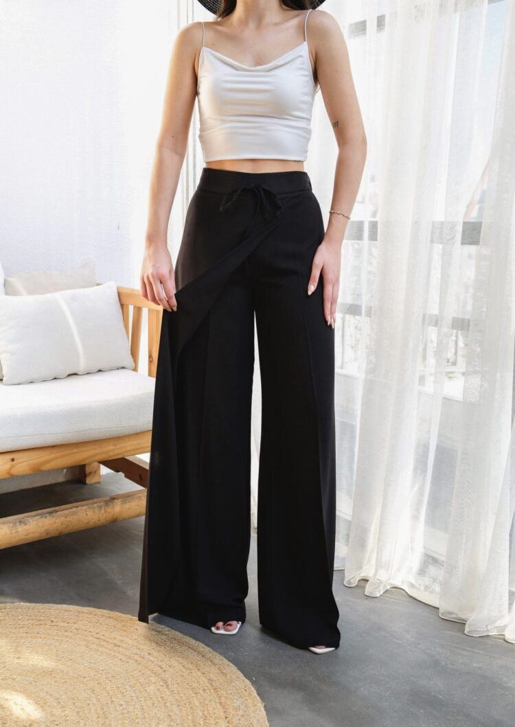 Wide Leg Pants With Linen Front Cross Section Elastic And Lace-up