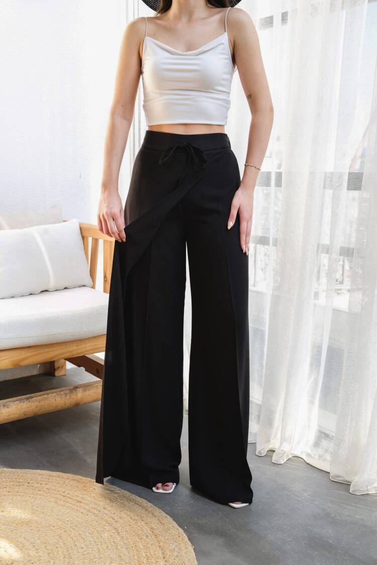 Wide Leg Pants With Linen Front Cross Section Elastic And Lace-up