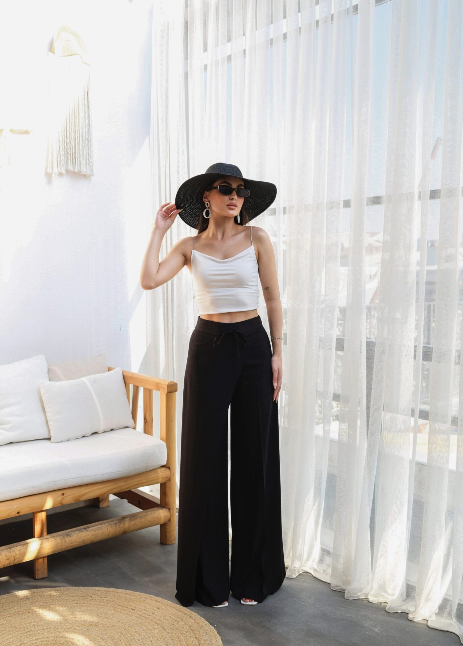Wide Leg Pants With Linen Front Cross Section Elastic And Lace-up - Ouz Fashion - Globality Store - Women Clothes Wholesale Turkey
