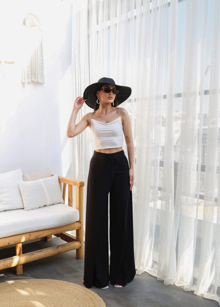 Wide Leg Pants With Linen Front Cross Section Elastic And Lace-up - Ouz Fashion - Globality Store - Women Clothes Wholesale Turkey