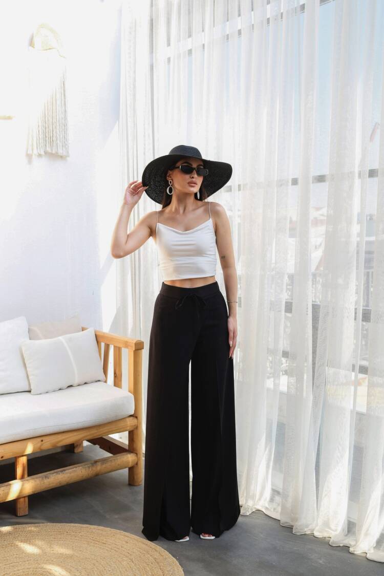 Wide Leg Pants With Linen Front Cross Section Elastic And Lace-up - Ouz Fashion - Globality Store - Women Clothes Wholesale Turkey