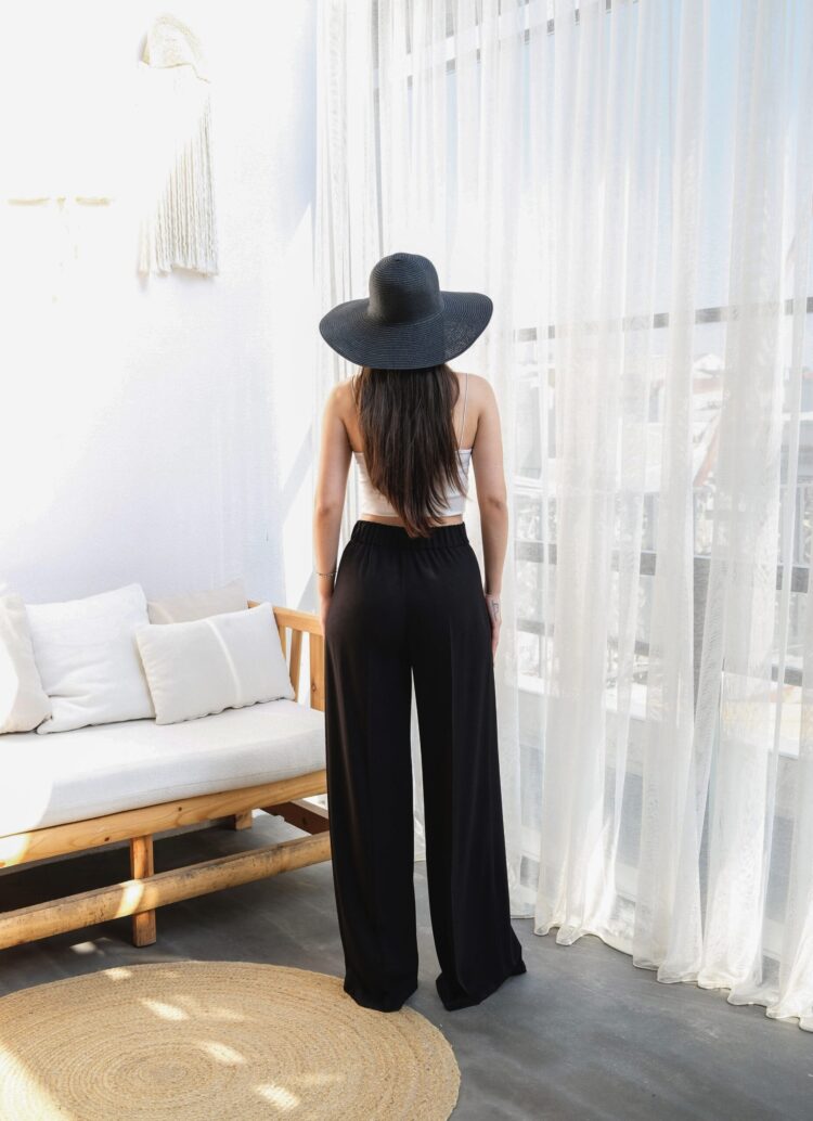 Wide Leg Pants With Linen Front Cross Section Elastic And Lace-up