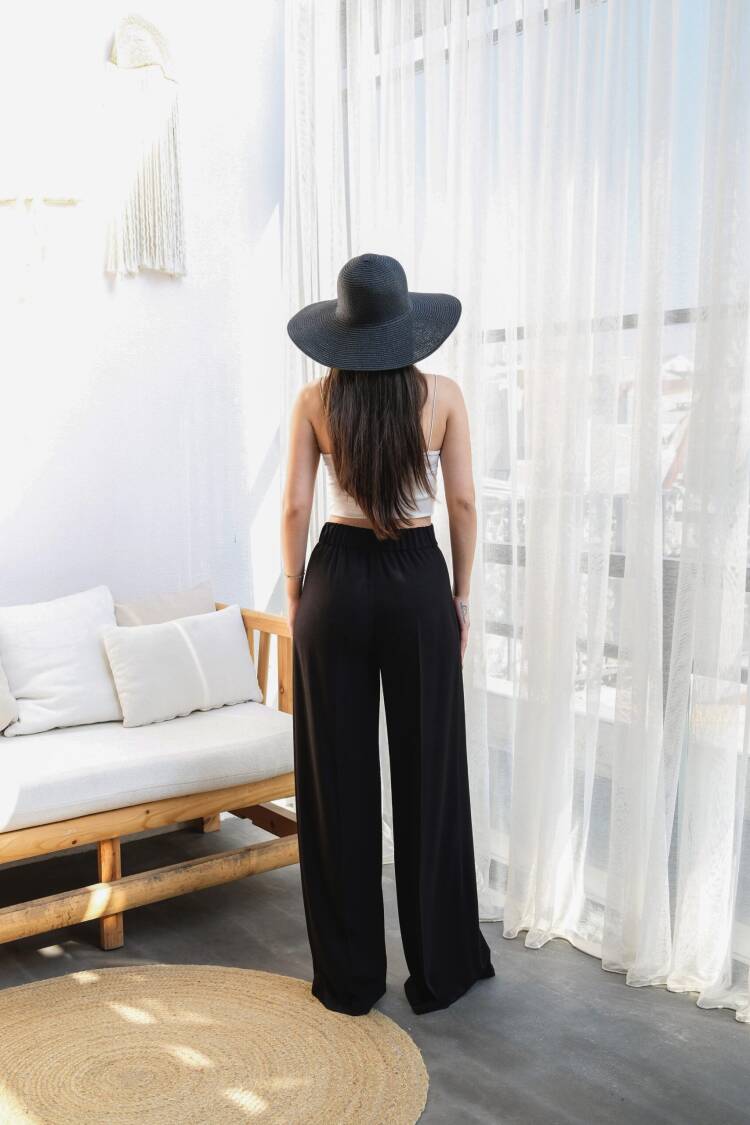 Wide Leg Pants With Linen Front Cross Section Elastic And Lace-up
