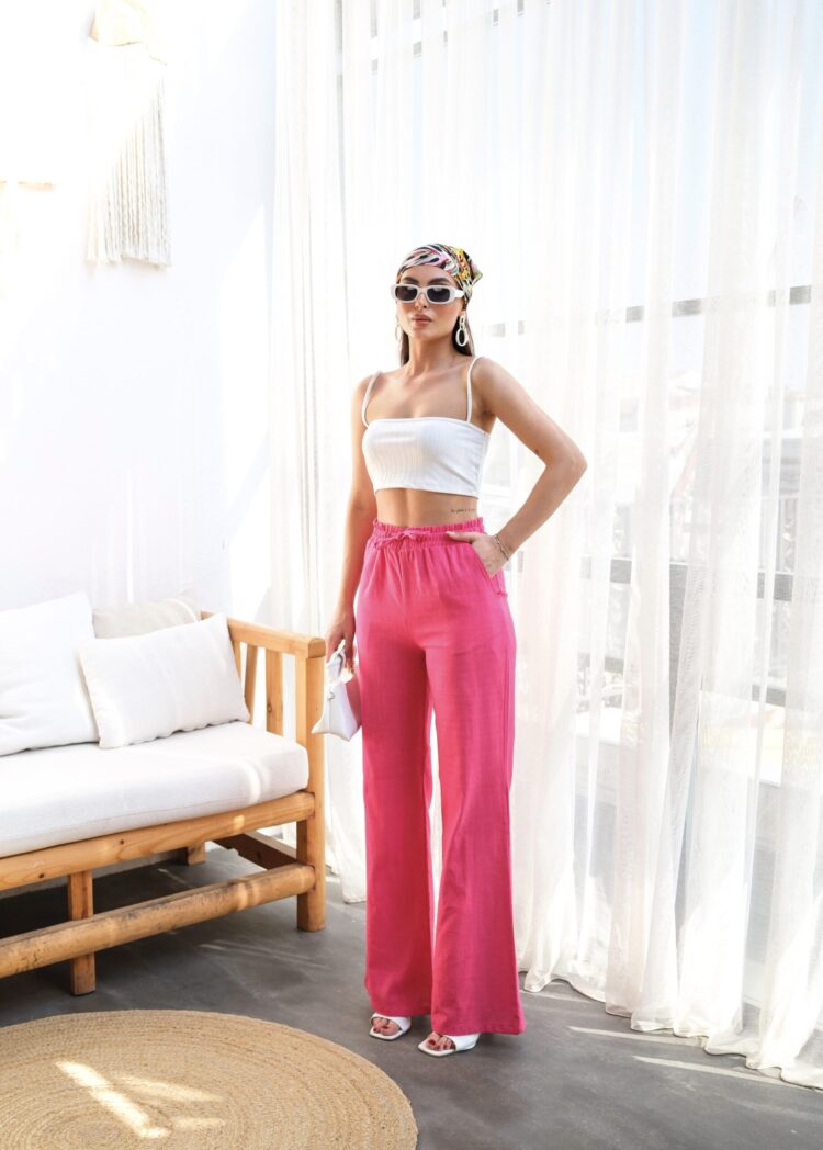 Linen Pants With Elastic Waist And Lace