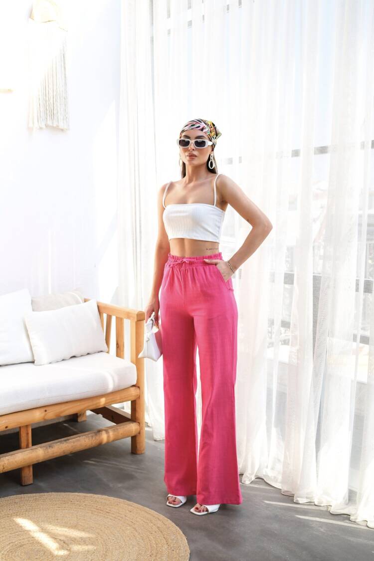 Linen Pants With Elastic Waist And Lace