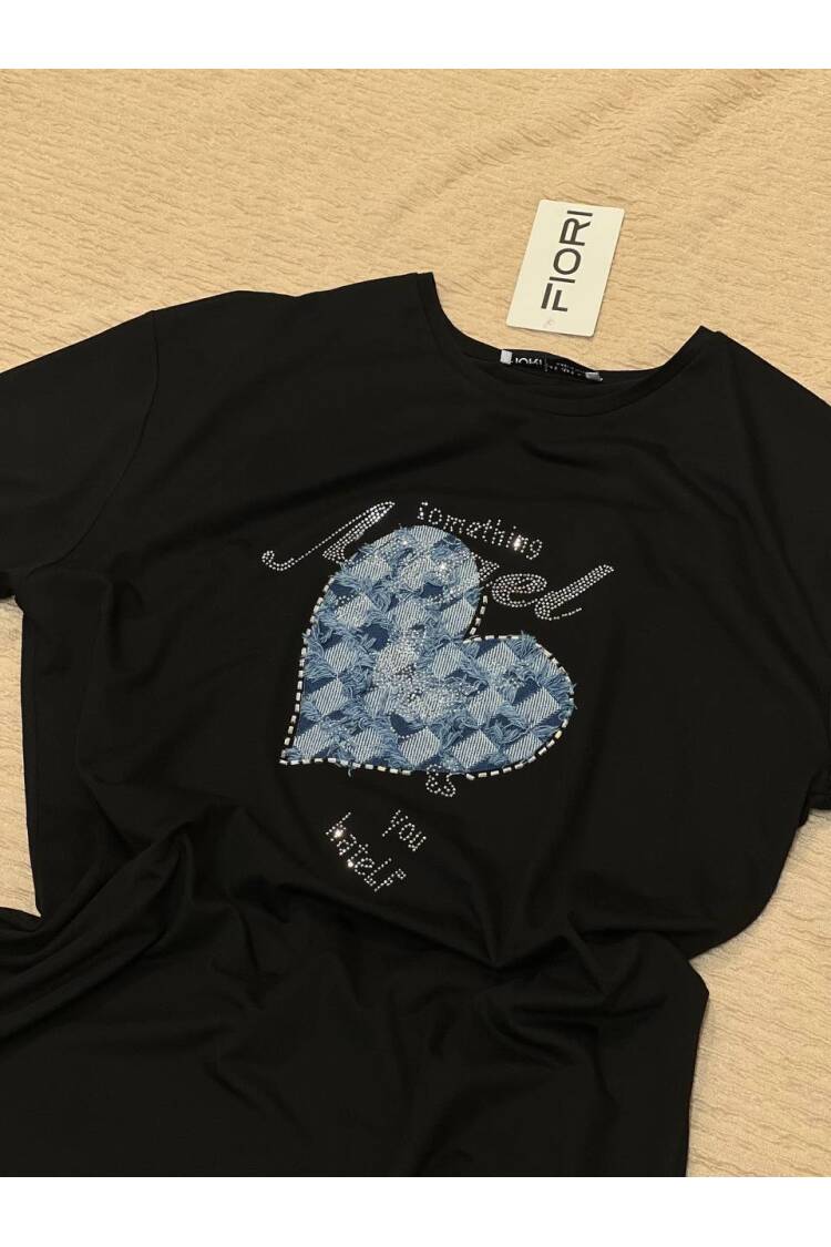 Heart Printed Tshirt - Fiori - Globality Store - Women Clothes Wholesale Turkey