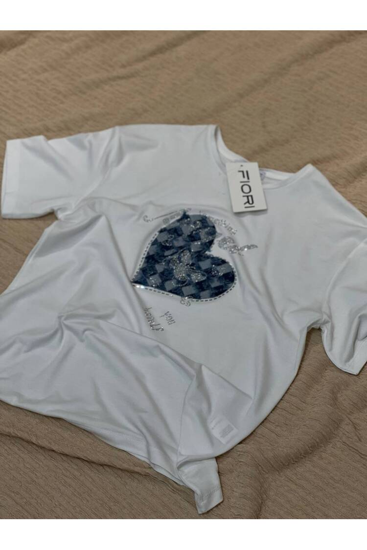 Heart Printed Tshirt - Fiori - Globality Store - Women Clothes Wholesale Turkey