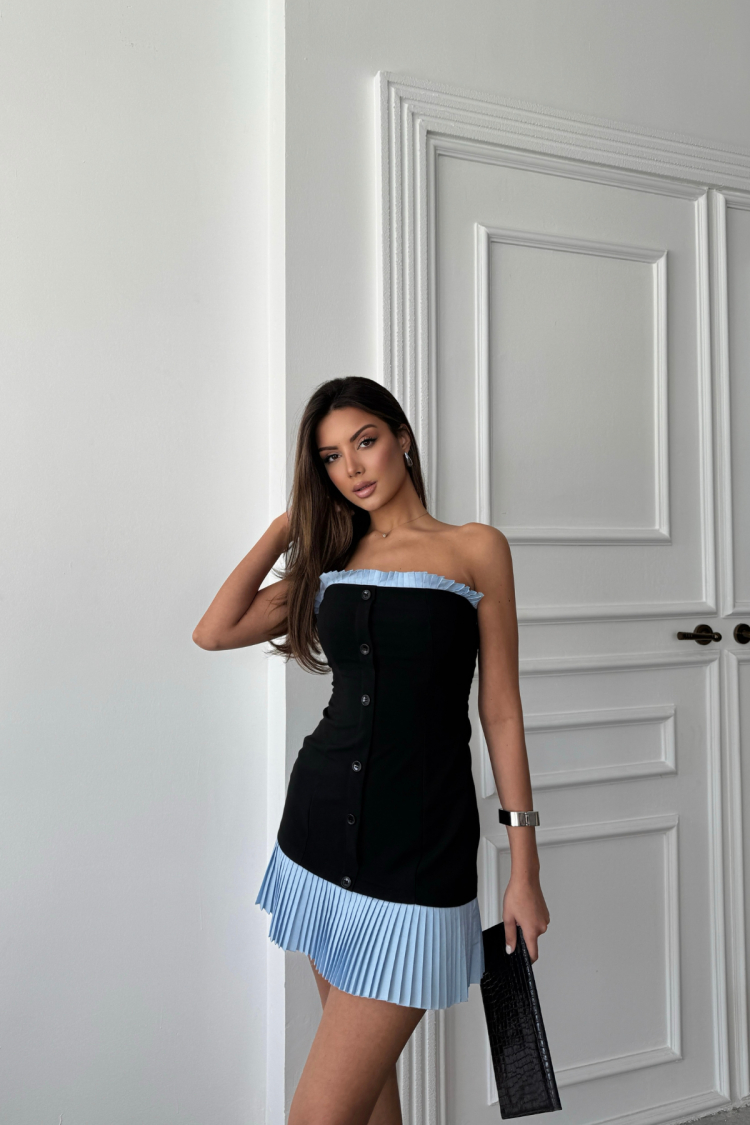Strapless Polviscose Dress Blue Ruffle Detailed