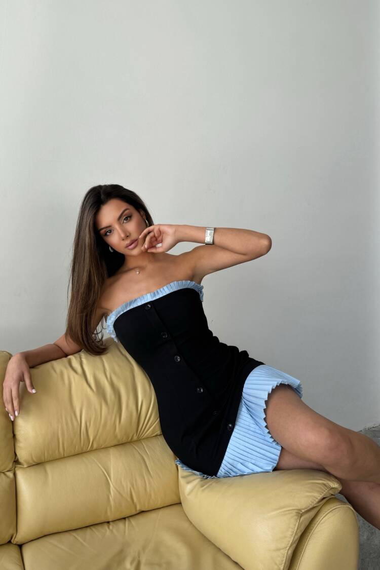 Strapless Polviscose Dress Blue Ruffle Detailed - Ello - Globality Store - Women Clothes Wholesale Turkey