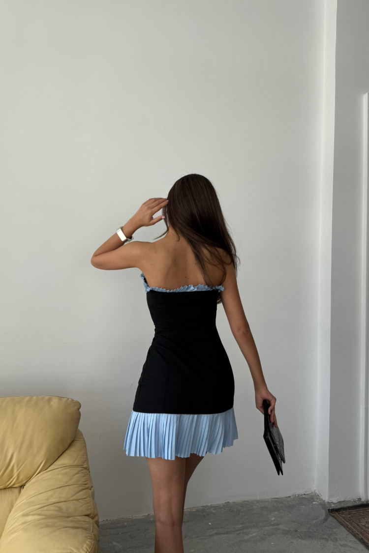 Strapless Polviscose Dress Blue Ruffle Detailed