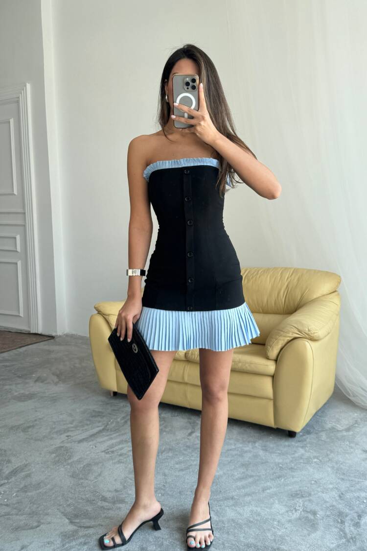 Strapless Polviscose Dress Blue Ruffle Detailed