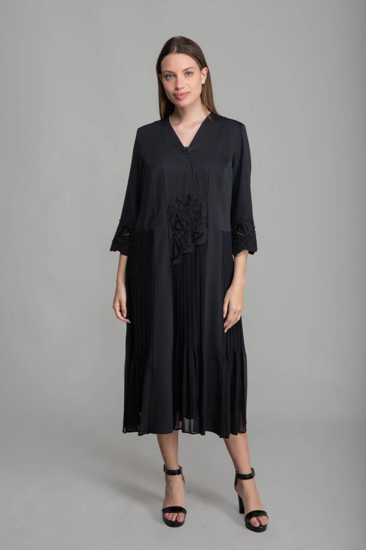 V Neck Embroidered Pearl Dress - GUMANIZE - Globality Store - Women Clothes Wholesale Turkey