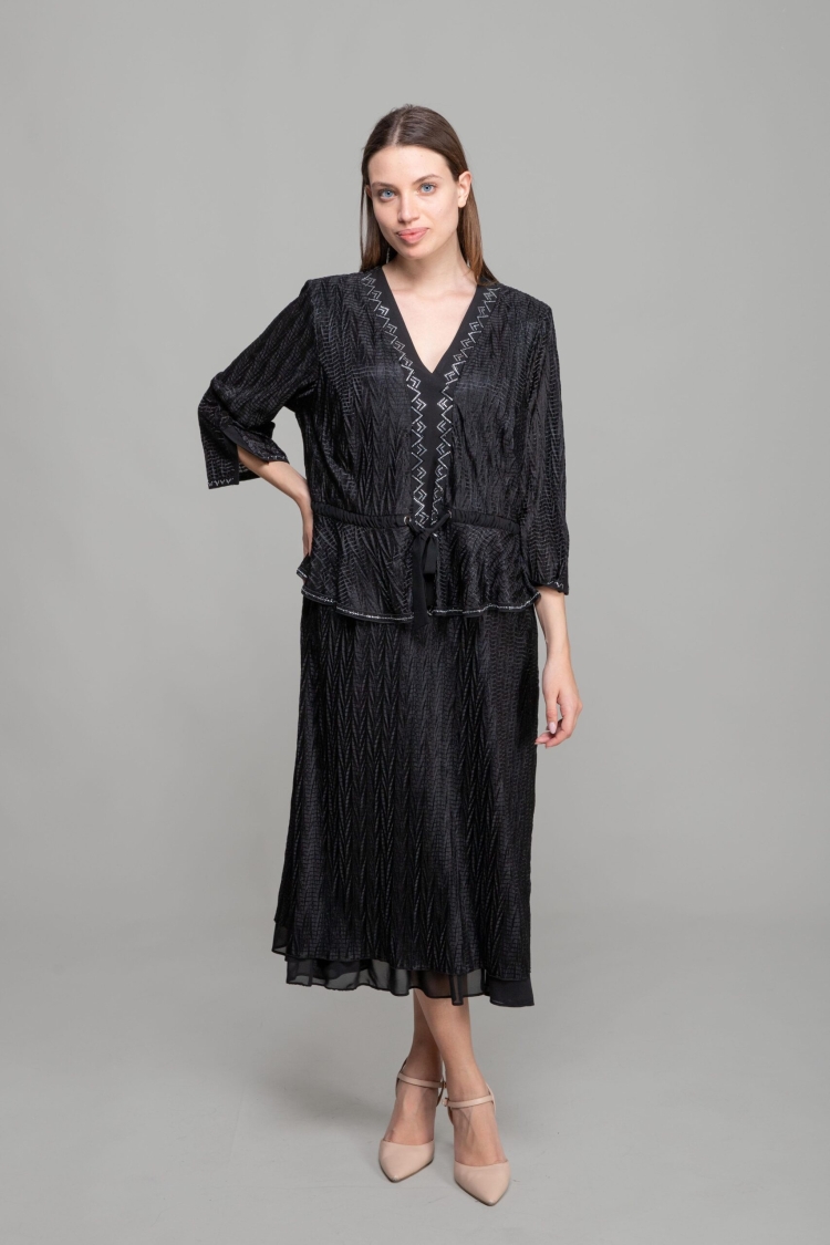 V Neck Pleated Jacquard Dress