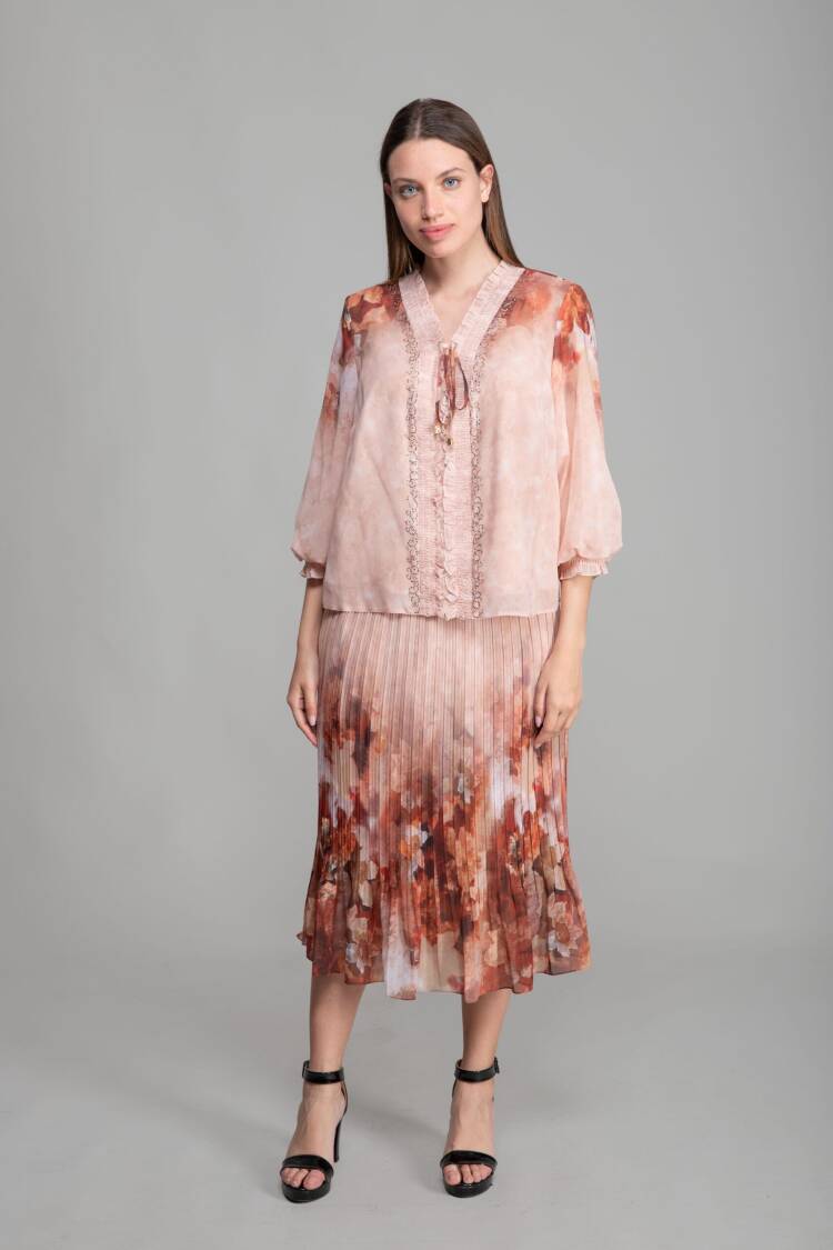 V-Neck Mars Empirme Blouse+Skirt - GUMANIZE - Globality Store - Women Clothes Wholesale Turkey