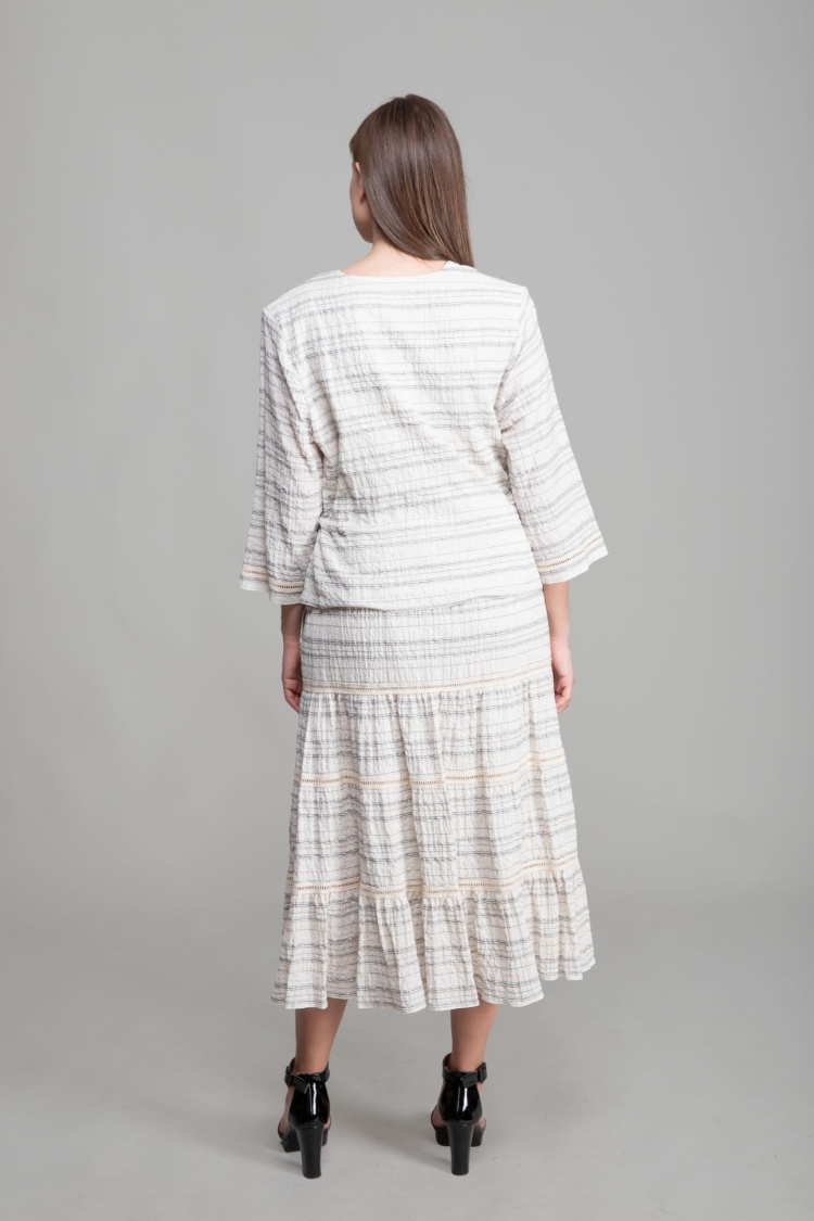 V Neck Linen Blouse+Skirt