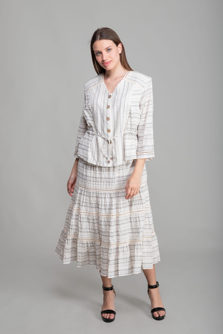 V Neck Linen Blouse+Skirt