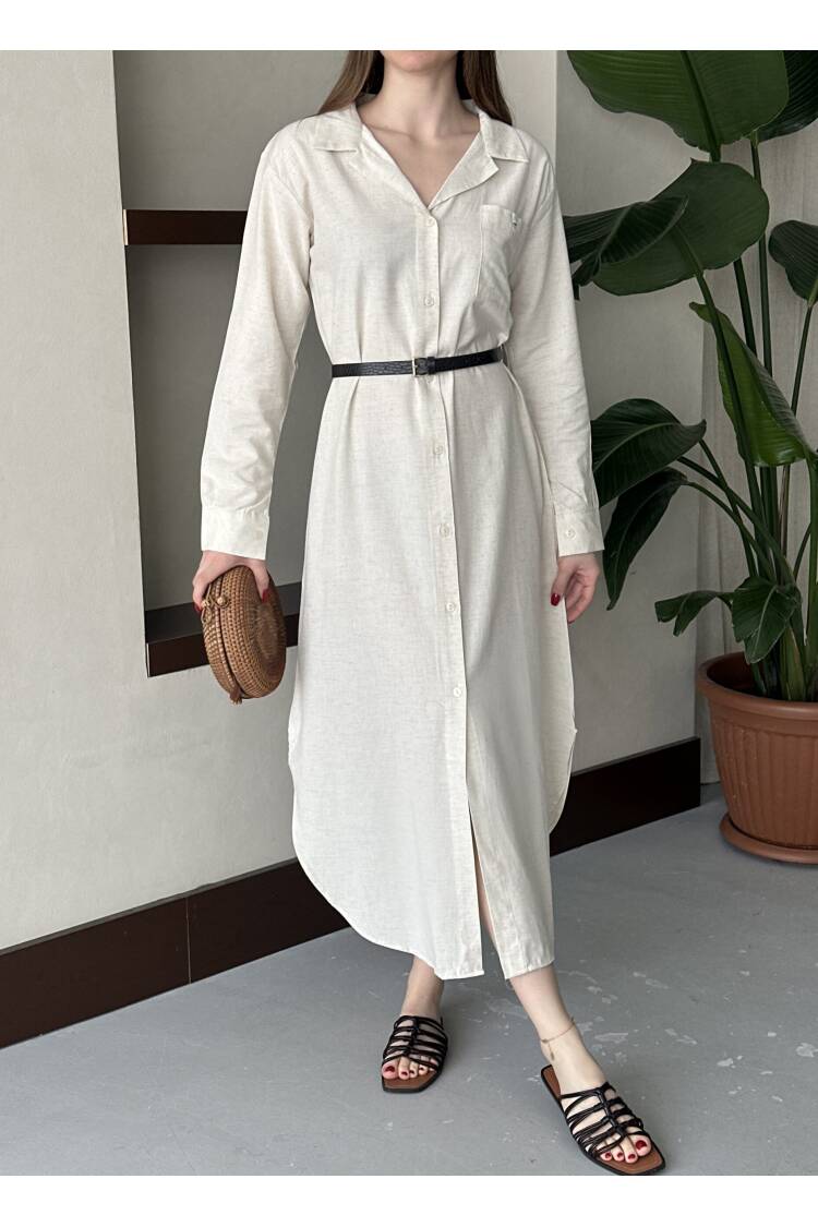 Linen Open Neck Dress - My Fashion - Globality Store - Women Clothes Wholesale Turkey