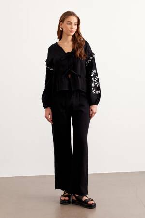 Embroidery Detailed Front Tie Muesli Blouse Black - Levure - Globality Store - Women Clothes Wholesale Turkey