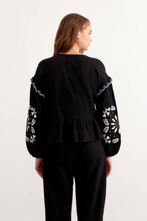 Embroidery Detailed Front Tie Muesli Blouse Black - Levure - Globality Store - Women Clothes Wholesale Turkey