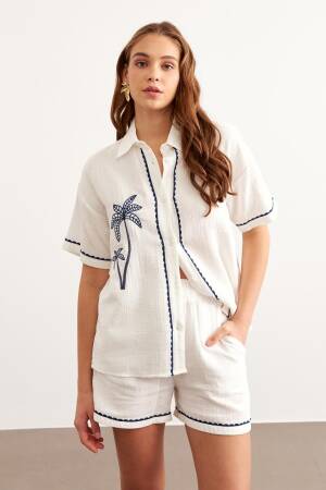 Embroidery Detailed Buttoned Mueslin Shirt - Levure - Globality Store - Women Clothes Wholesale Turkey