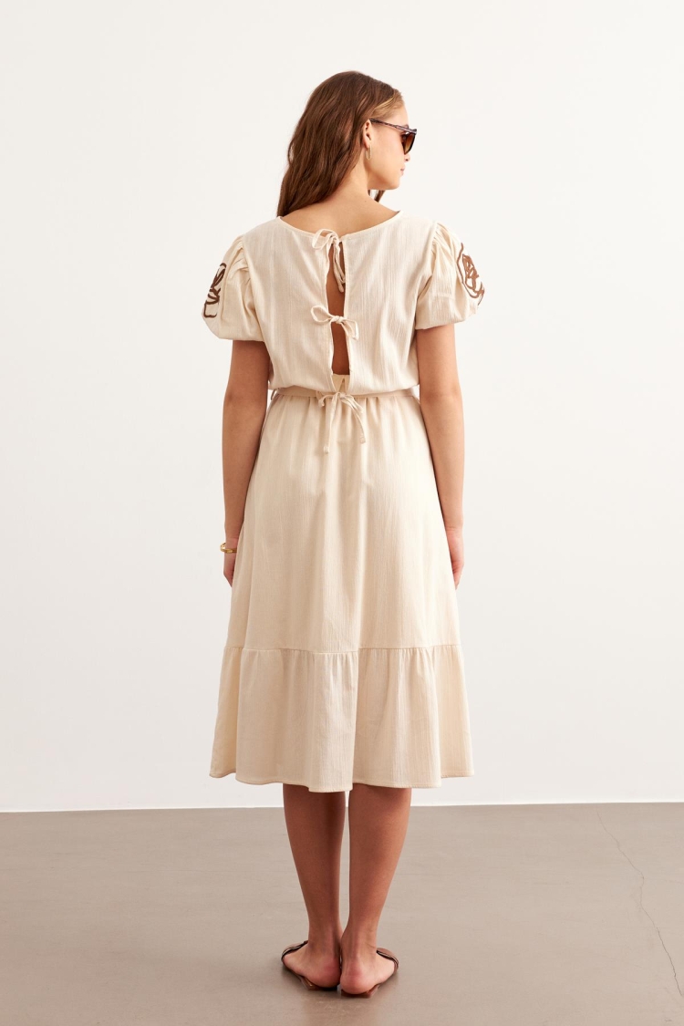 Waist Belted Sleeve Embroidery Detailed Dress Stone
