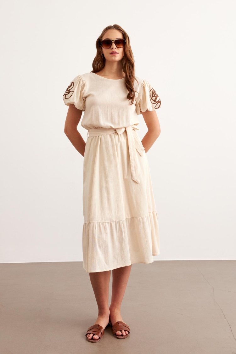 Waist Belted Sleeve Embroidery Detailed Dress Stone - Levure - Globality Store - Women Clothes Wholesale Turkey