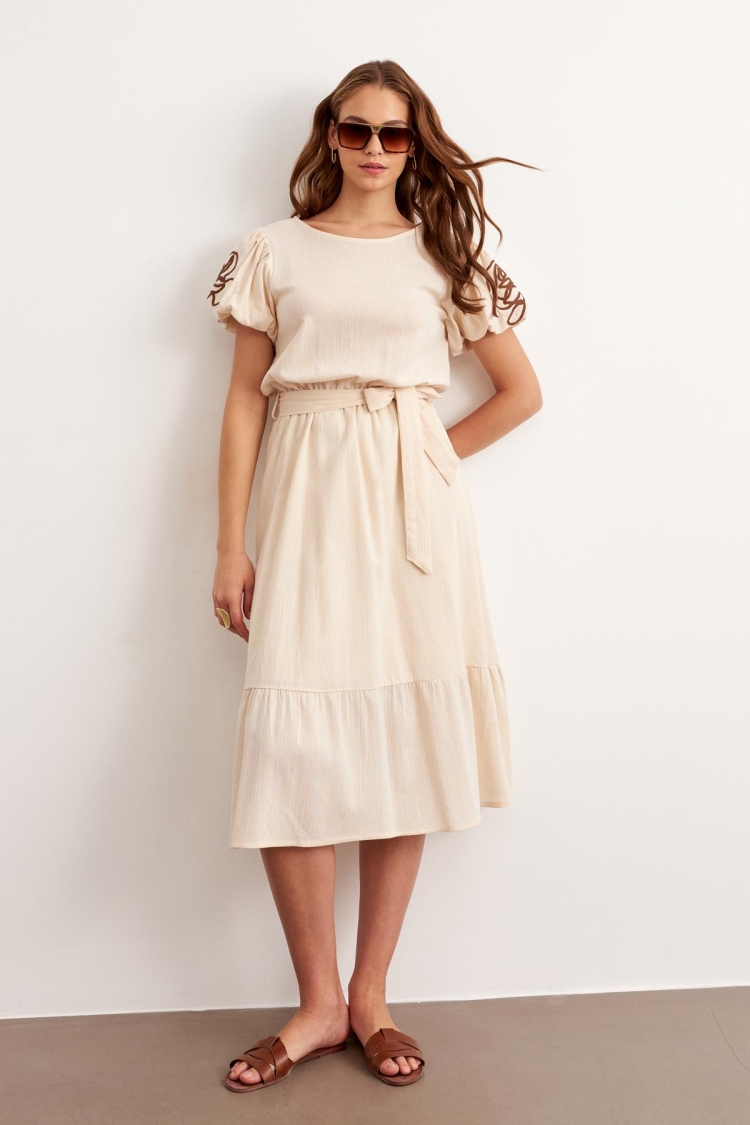 Waist Belted Sleeve Embroidery Detailed Dress Stone