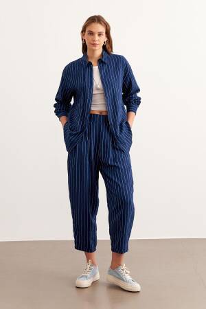 Elastic Waist Striped Long Pants Navy - Levure - Globality Store - Women Clothes Wholesale Turkey