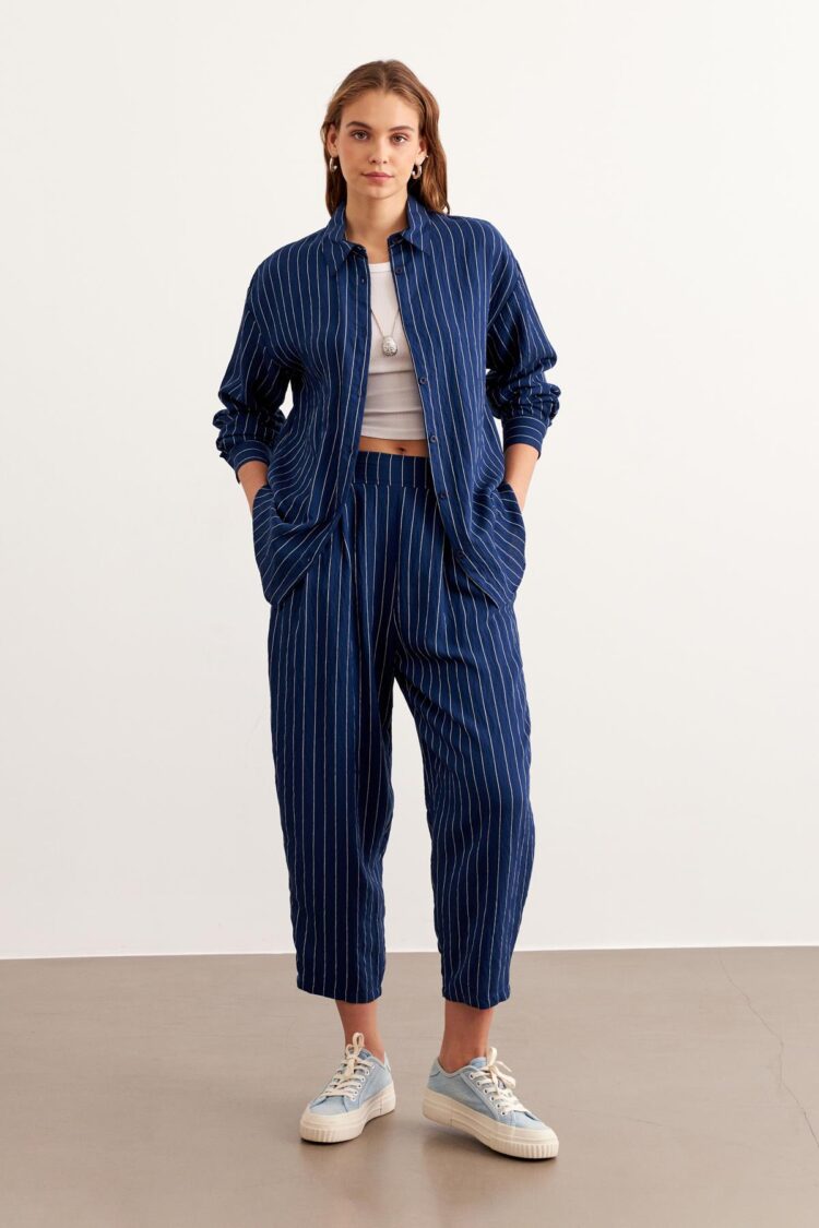 Elastic Waist Striped Long Pants Navy - Levure - Globality Store - Women Clothes Wholesale Turkey