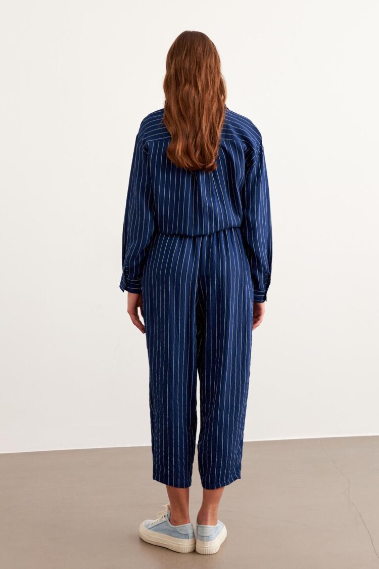 Elastic Waist Striped Long Pants Navy