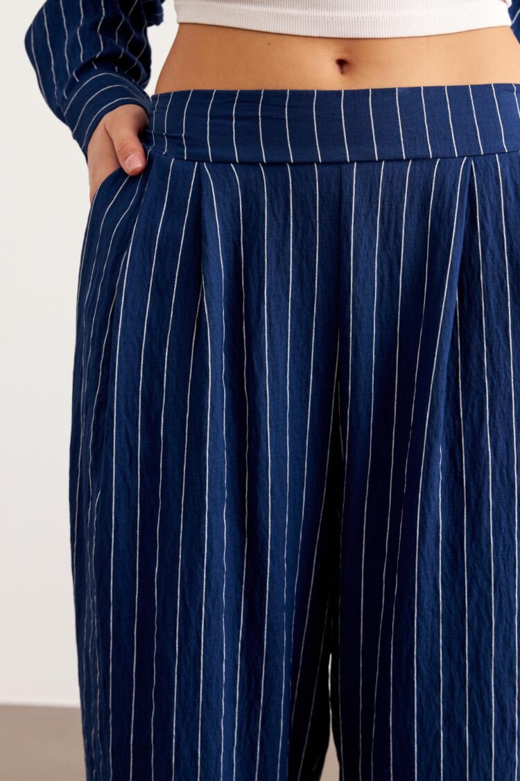 Elastic Waist Striped Long Pants Navy