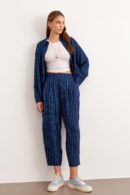 Elastic Waist Striped Long Pants Navy - Levure - Globality Store - Women Clothes Wholesale Turkey