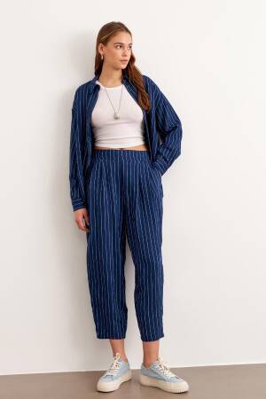 Elastic Waist Striped Long Pants Navy - Levure - Globality Store - Women Clothes Wholesale Turkey