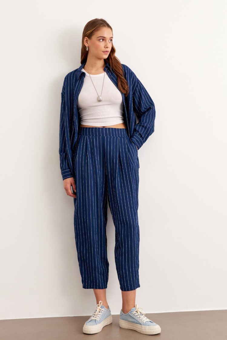 Elastic Waist Striped Long Pants Navy