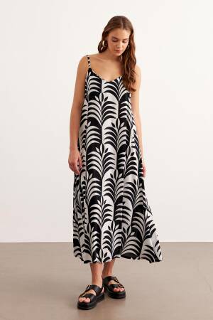 Long Dress With Sleeves Straps Black-white - Levure - Globality Store - Women Clothes Wholesale Turkey